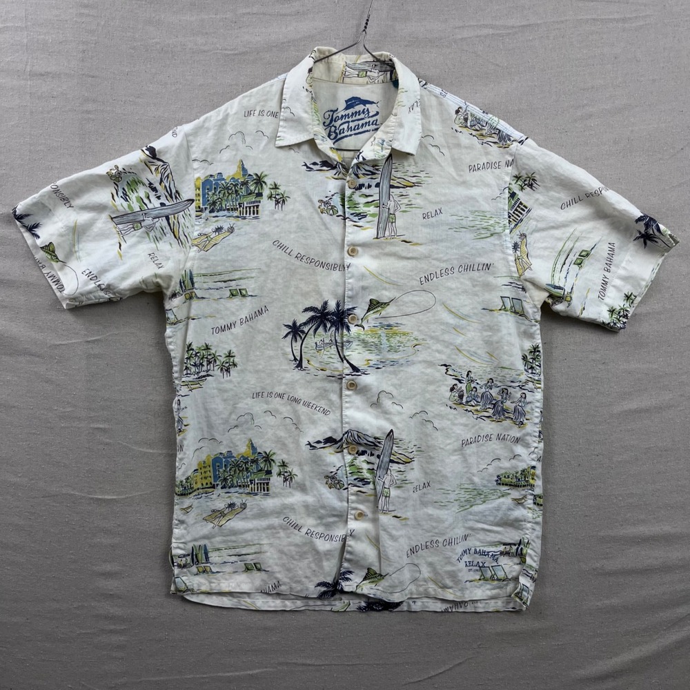 Tommy Bahama Linen Shirt Men Medium Cream Tropical Postcard Print Aloha Hawaiian
